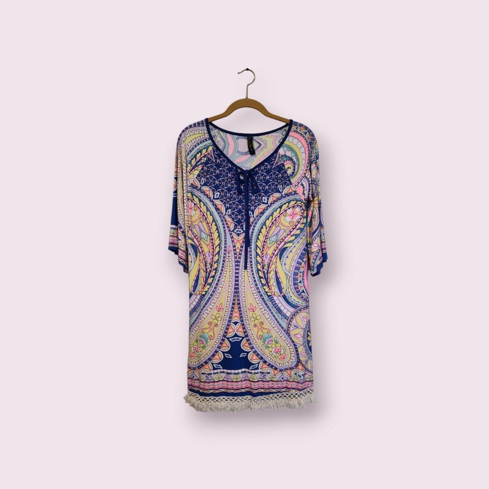 Yahada Women's Tunic Dress‎ Multicolor Short Stretch Fringe Hem USA Size Small